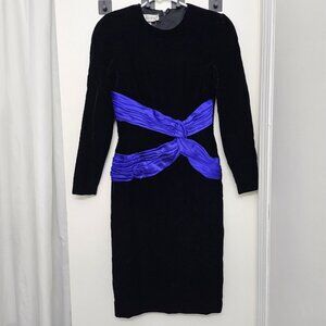 Vintage 80s A.J. Bari Black Velvet Electric Blue Satin Accent Dress Size 6